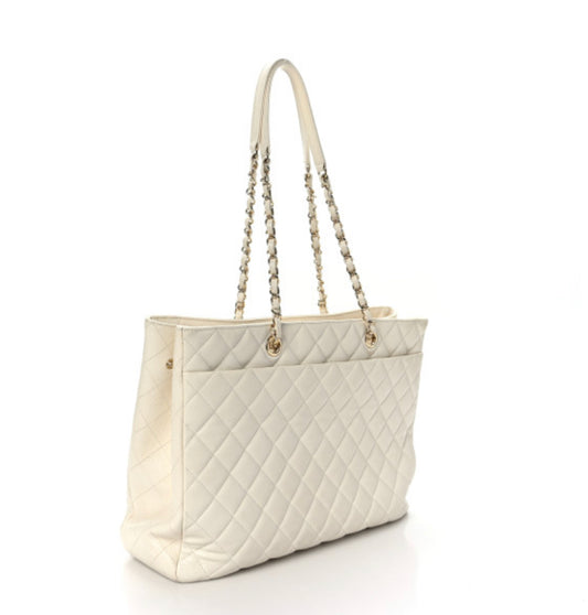 CHANEL Matelasse/Large Shopping Bag White Caviar Skin Tote Bag